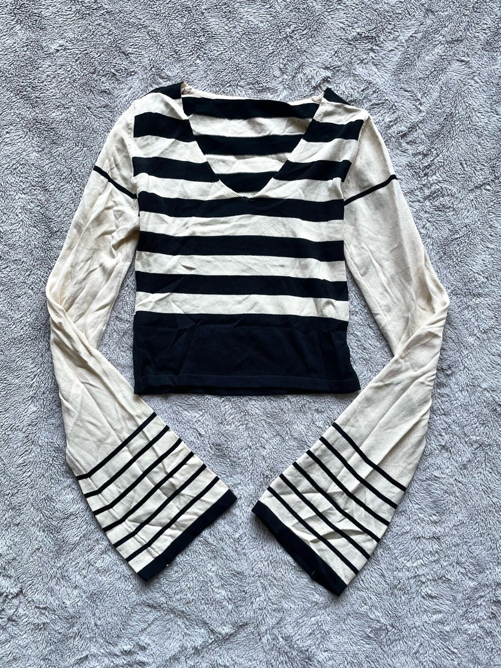 Striped Black & Cream Flared Sleeve V-Neck Crop Top
